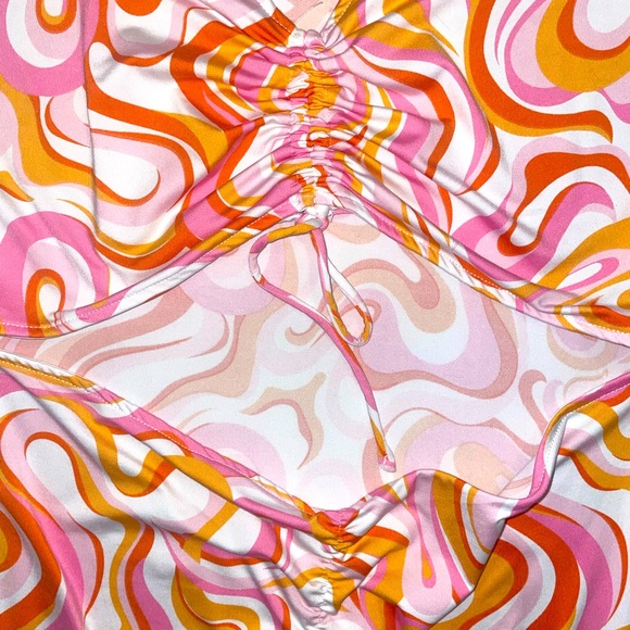 Divided H&M Pink and‎ Orange Colorful Swirl Bell Sleeve V Neck Dress - Picture 2 of 6